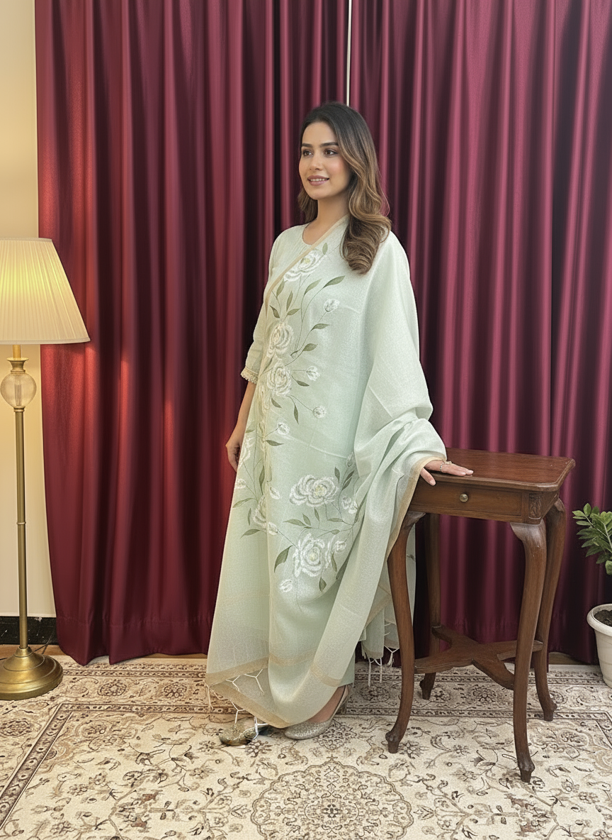 Pista color Flora hand print dupatta