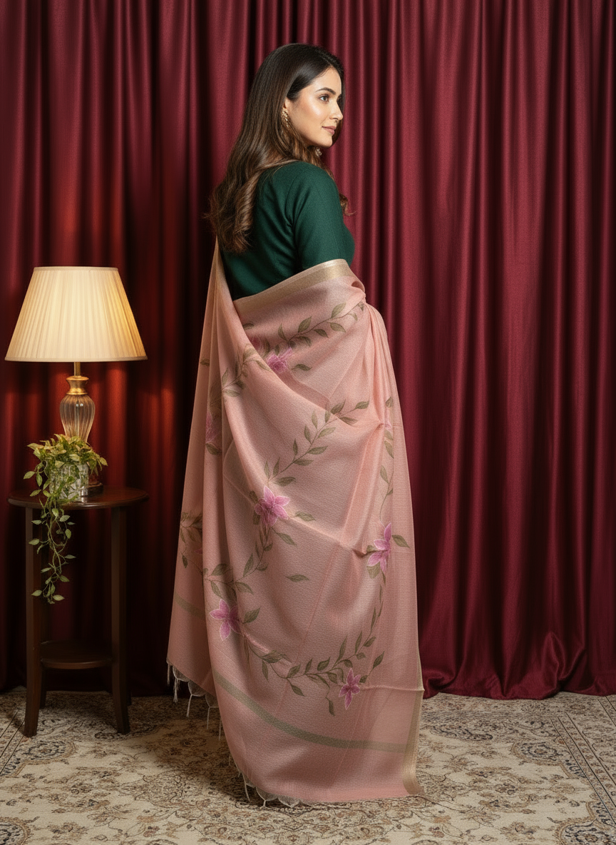 Rose Pink Floral Hand Print Dupatta