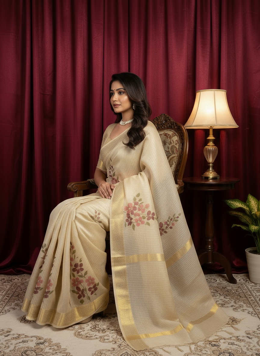 Cream Pure Silk Hand Print Floral Saree
