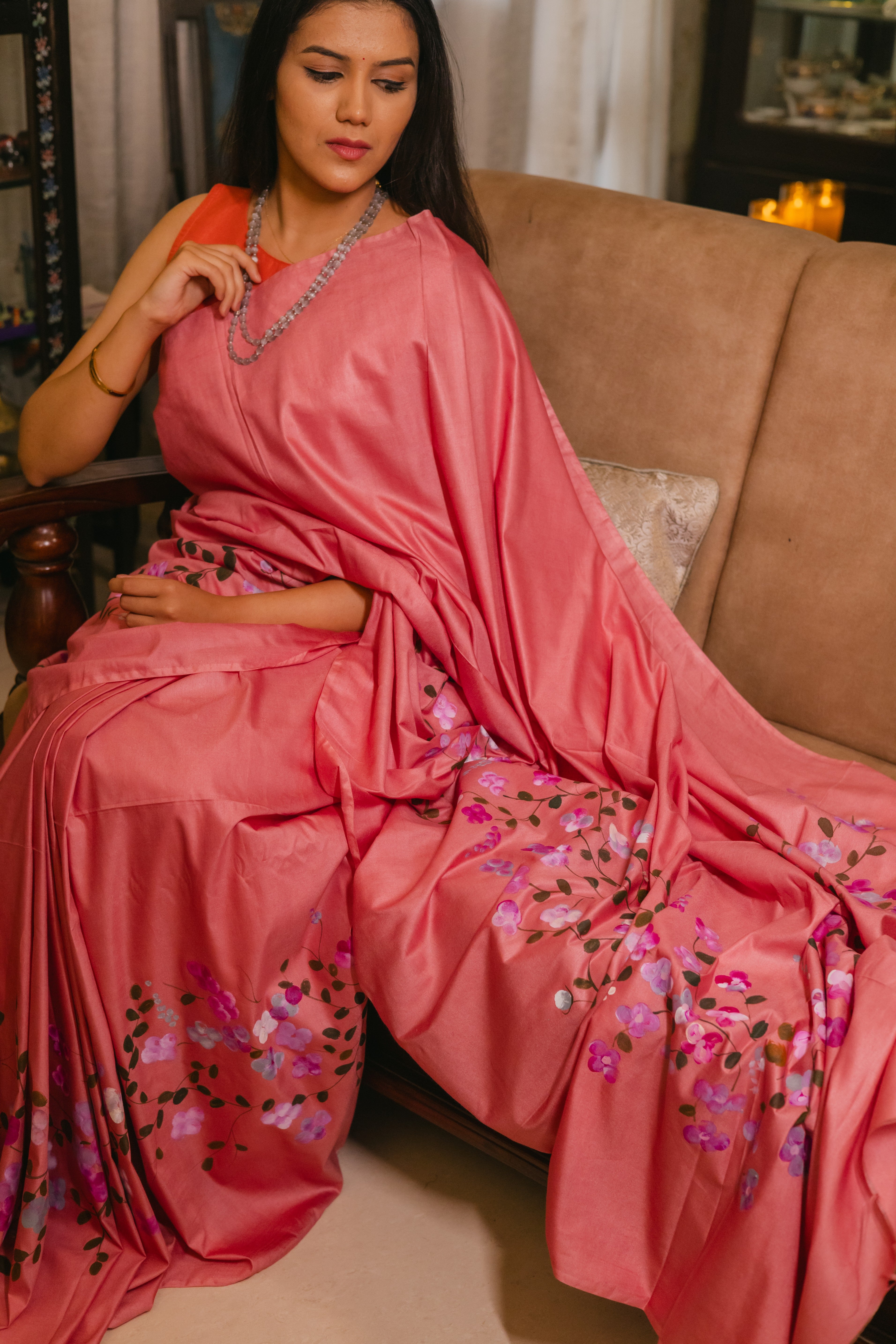 Silk Saree with Hand-Print Design