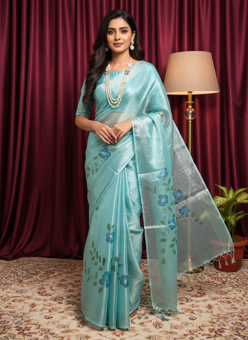 Ocean Blue Floral Hand-Printed Saree