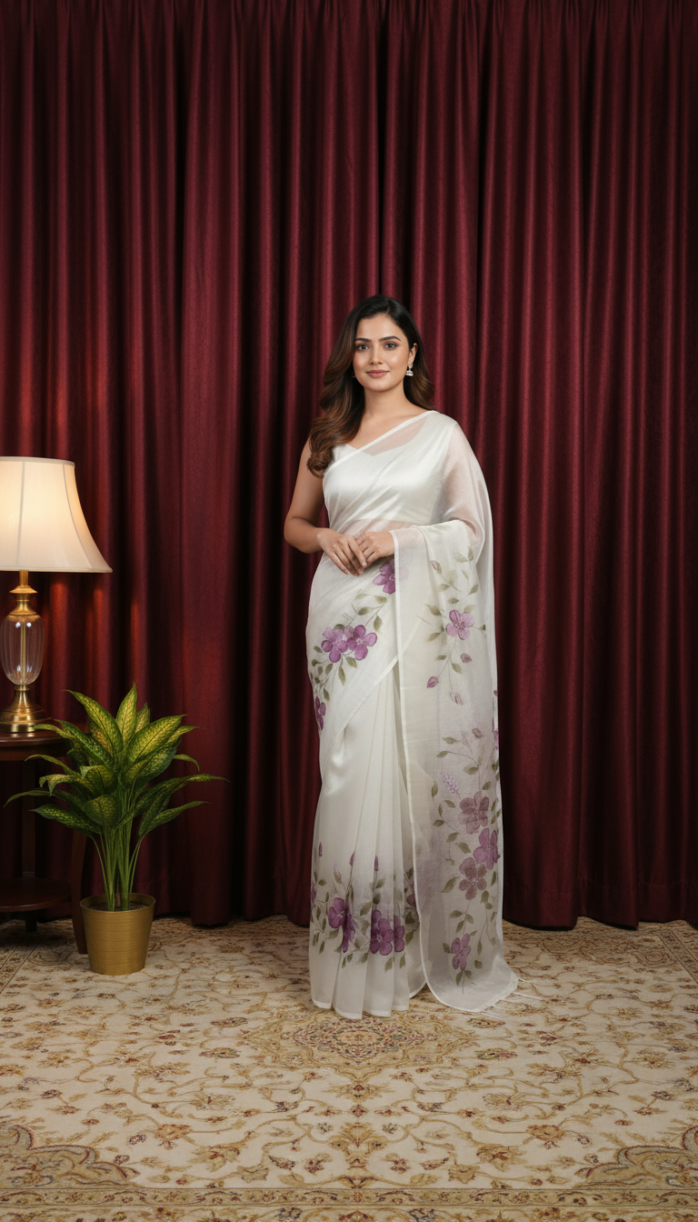 Pure Tissue White Saree Hand painted