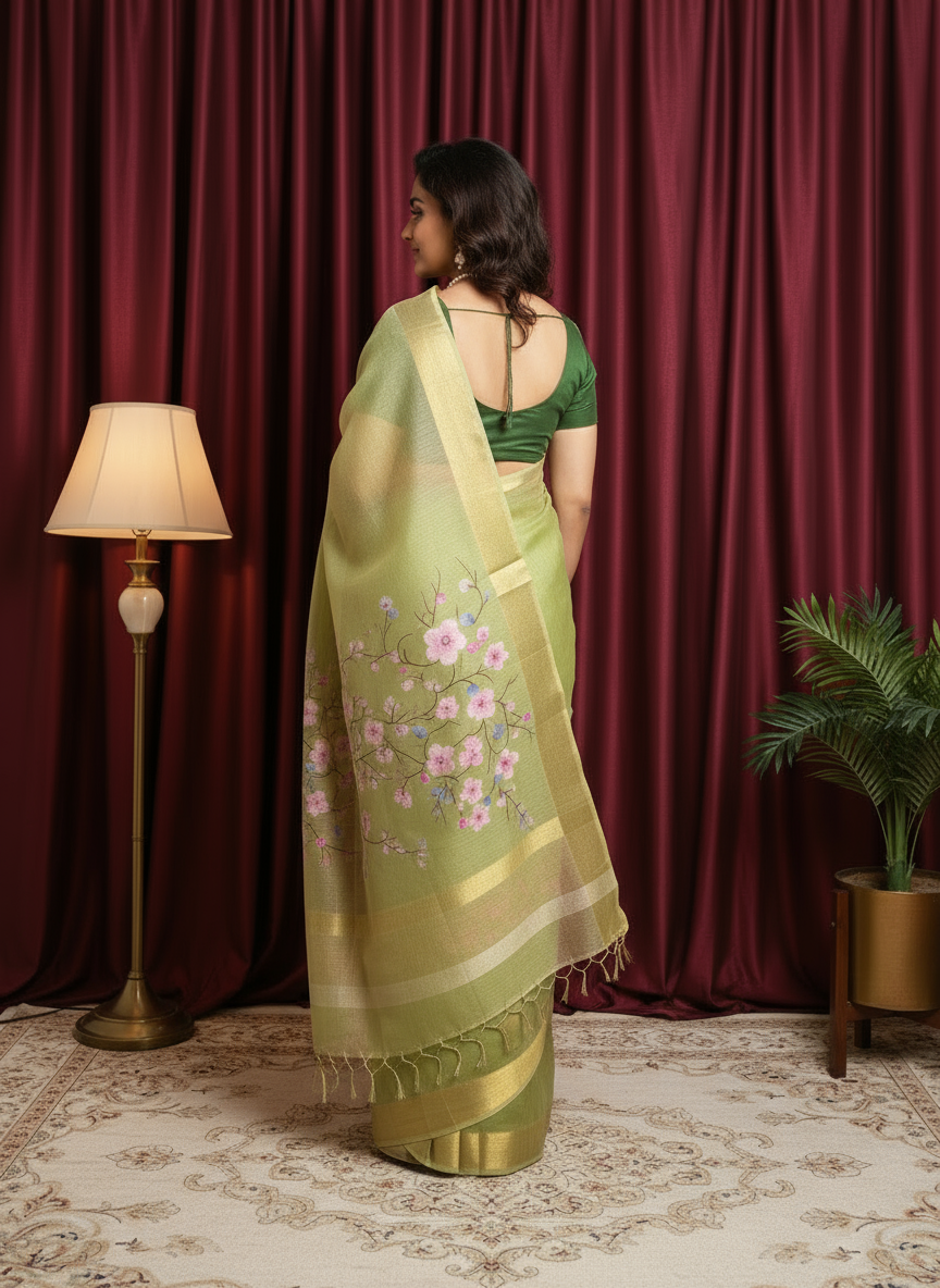 Green Pure Silk Hand Print Floral Saree