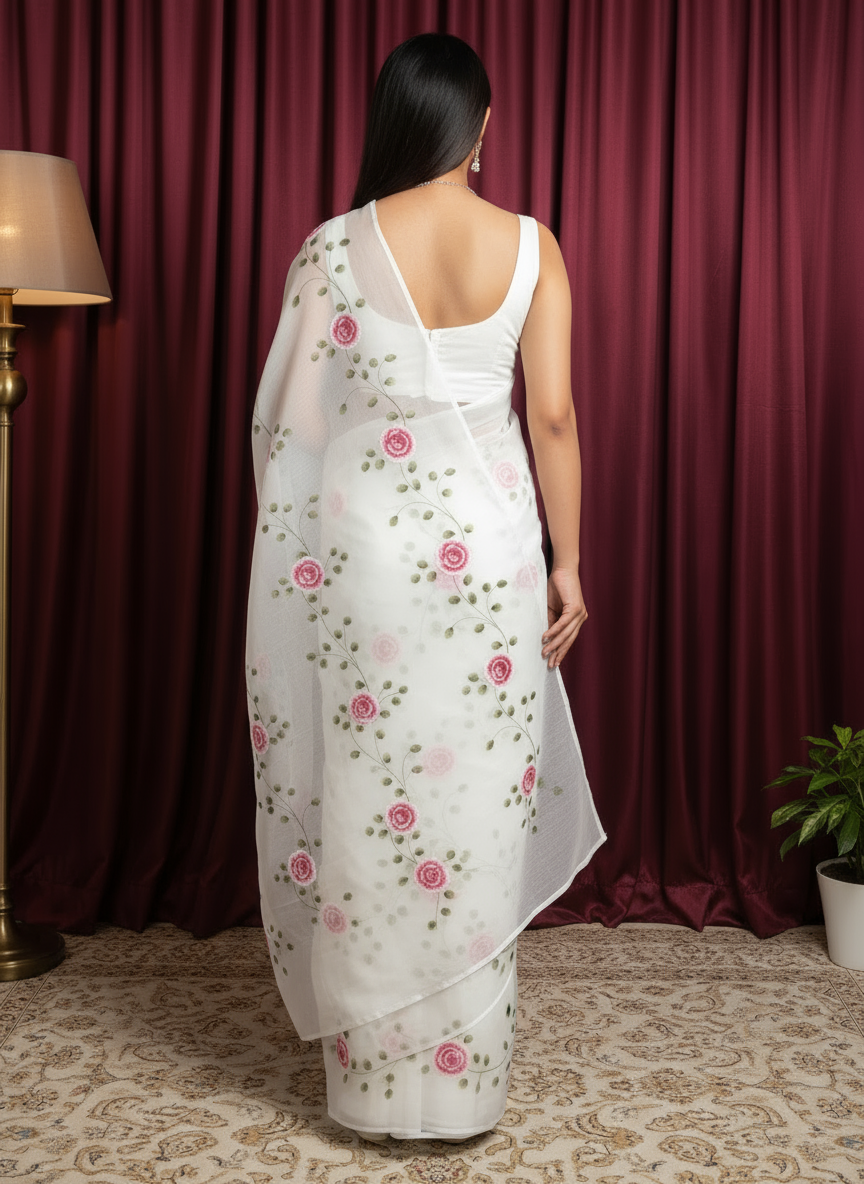 Snow White Chiffon Floral Hand-Printed Saree