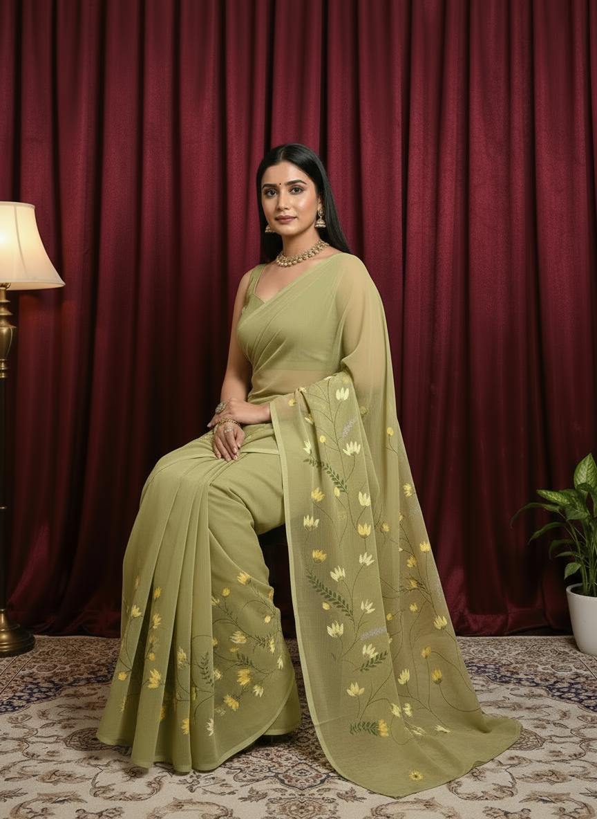 Green Chiffon Floral Hand-Painted Saree