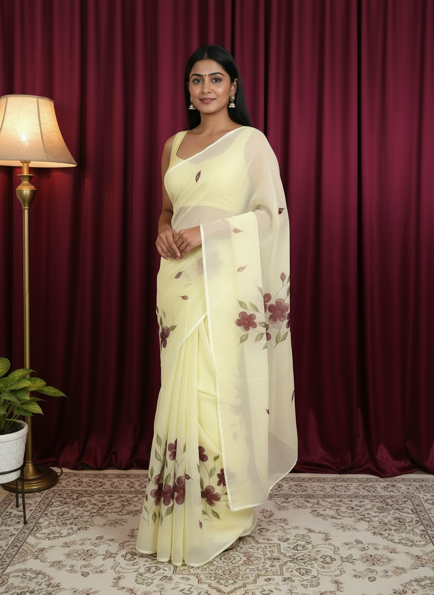 Lemon Georgette Saree with Floral Hand-Paint Design
