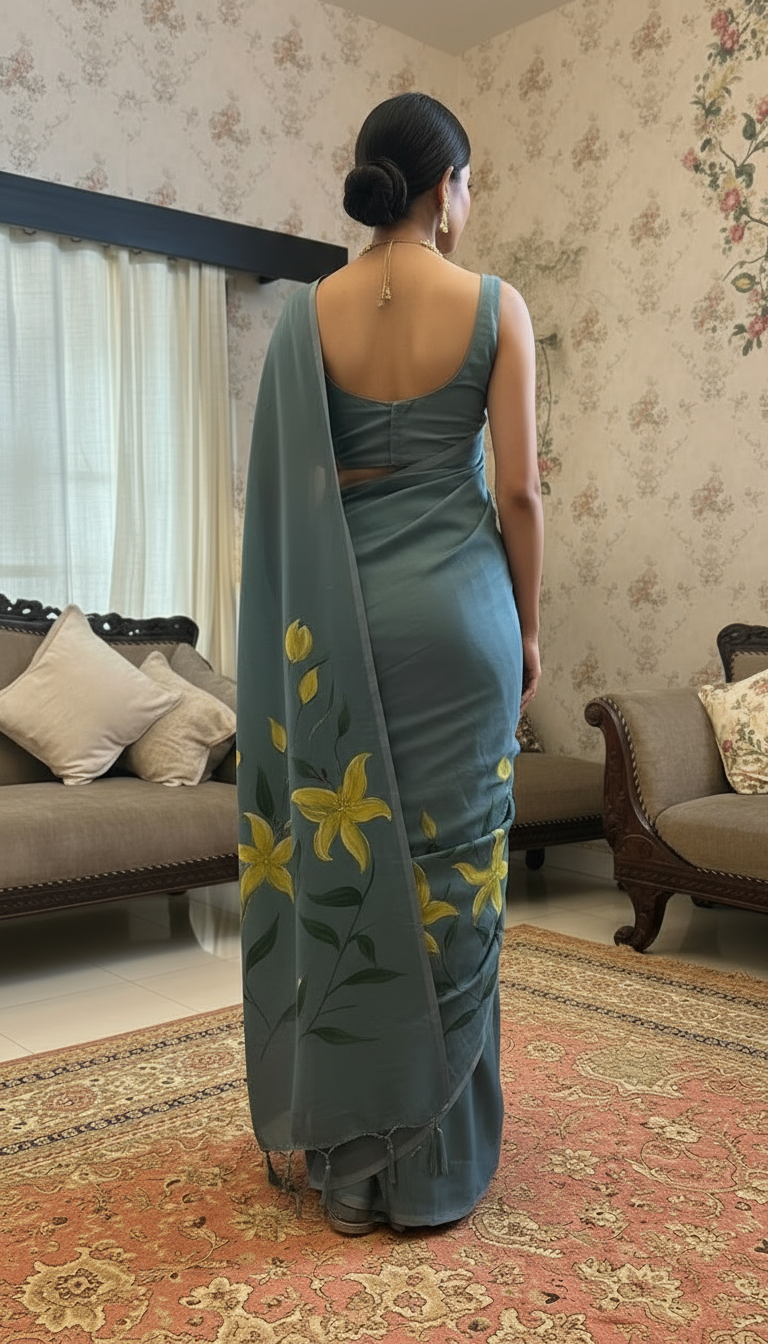 Gray Cotton Hand Print Floral Saree