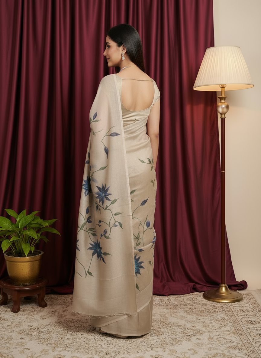 Shimmer Georgette Saree with Floral Hand-Paint Design
