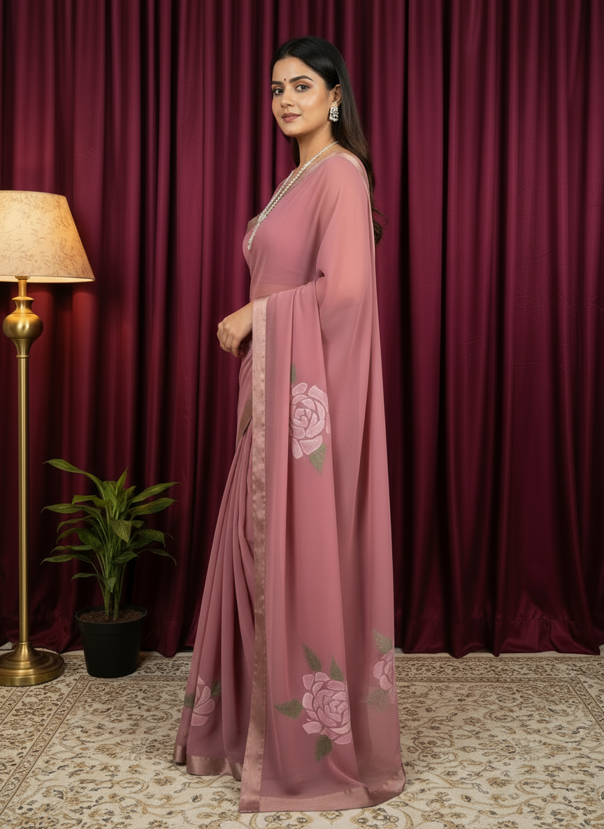 Rose Pink Chiffon Hand-Painted Saree
