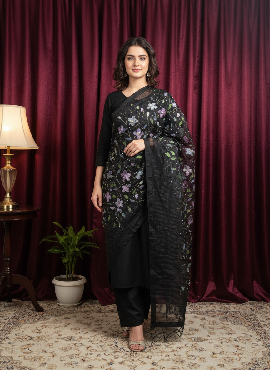 Black Floral Hand PRint Dupatta