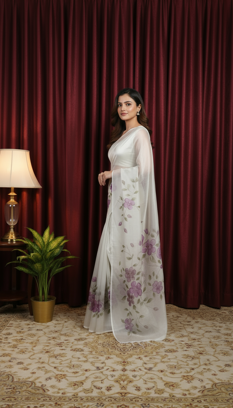 Pure Tissue White Saree Hand painted