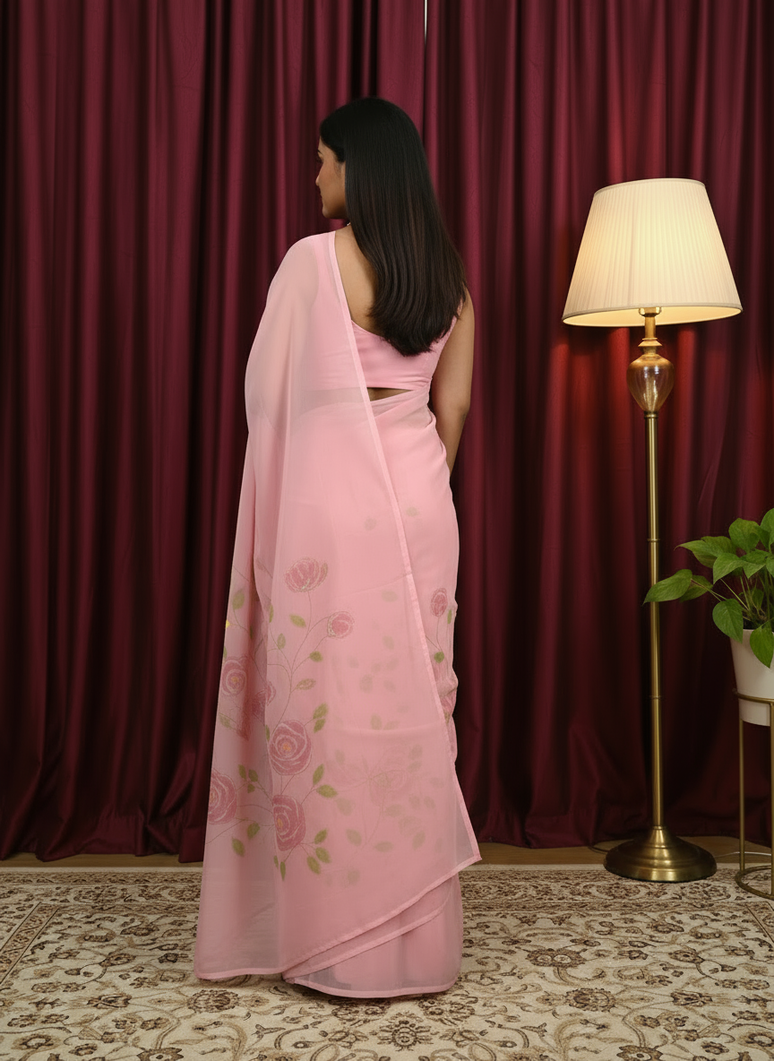 pink Chiffon Floral Saree
