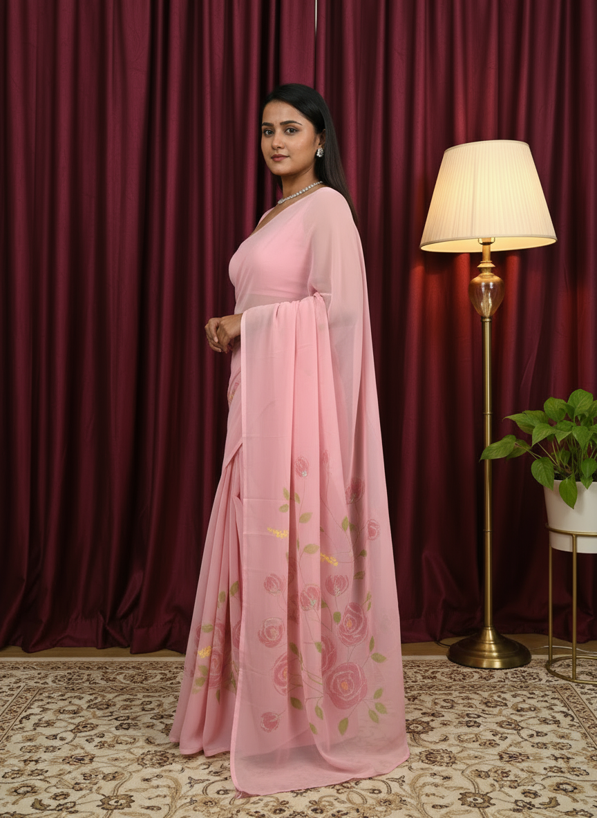 pink Chiffon Floral Saree