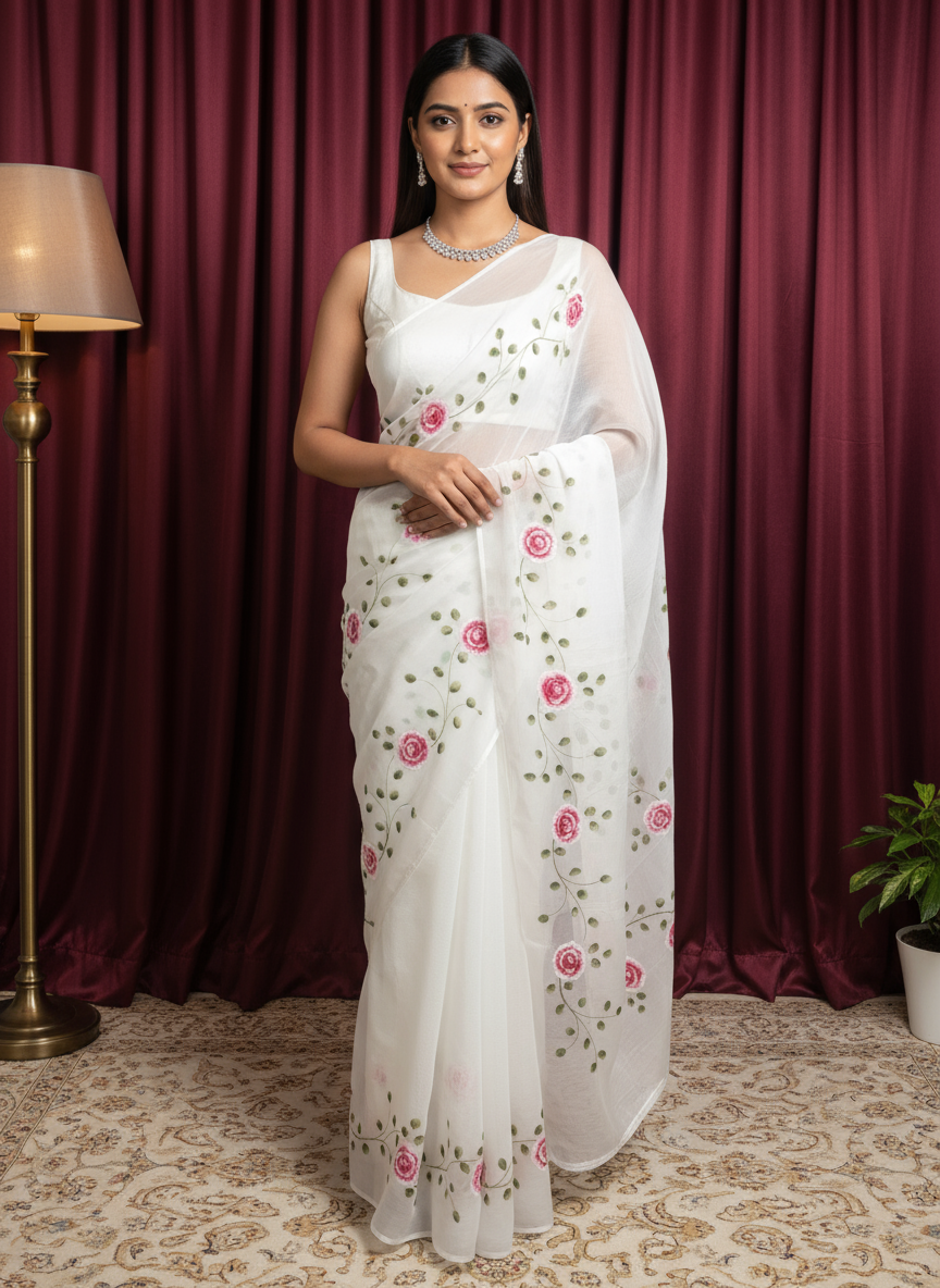 Snow White Chiffon Floral Hand-Printed Saree