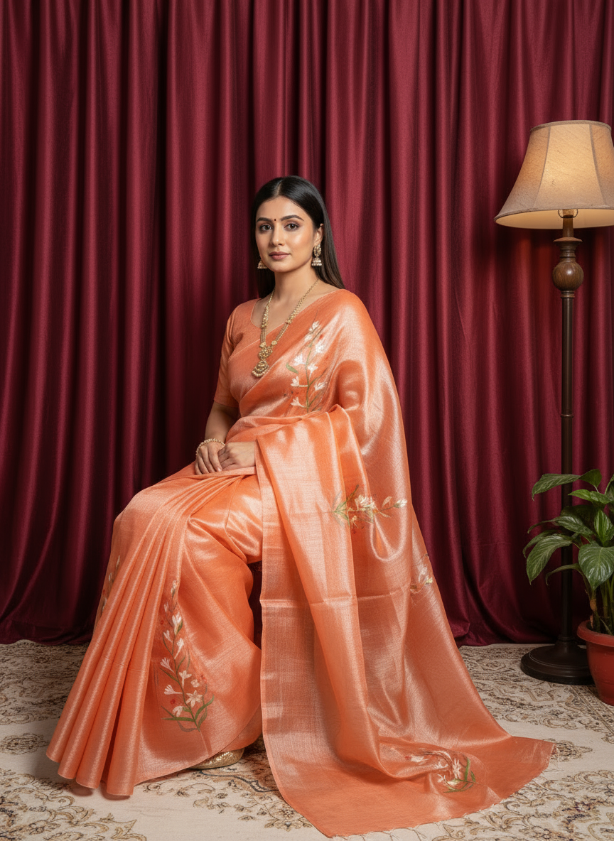 Orange Silk Floral Hand-Painted Saree
