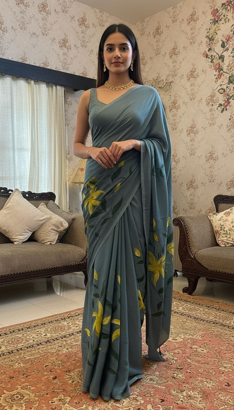 Gray Cotton Hand Print Floral Saree