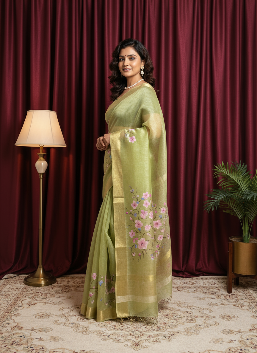 Green Pure Silk Hand Print Floral Saree