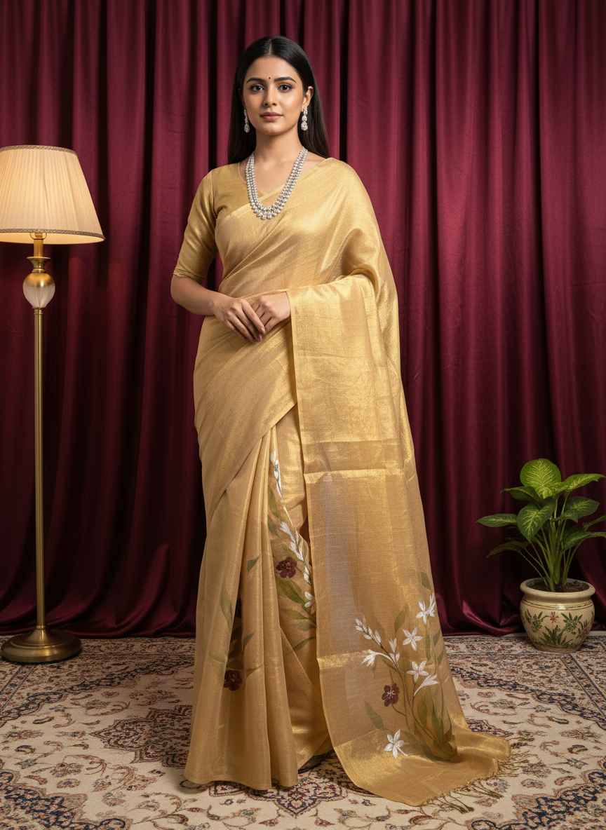 Golden Elegant look Floral hand print saree