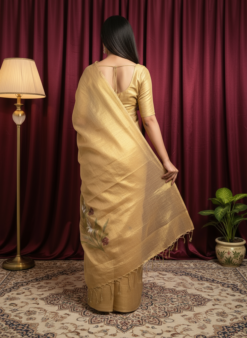 Golden Elegant look Floral hand print saree