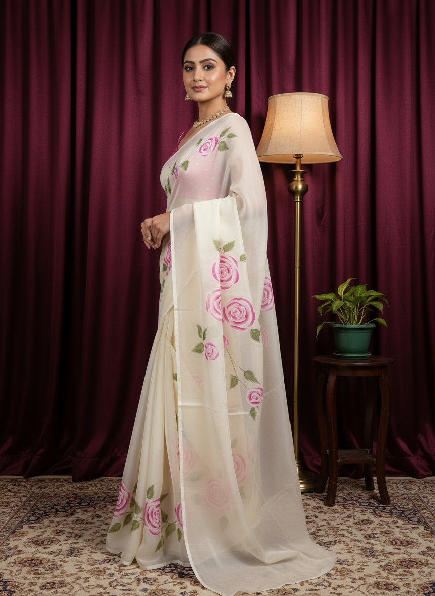 white and pink floral hand print saree