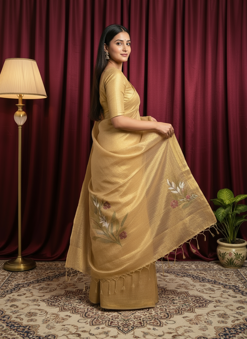 Golden Elegant look Floral hand print saree