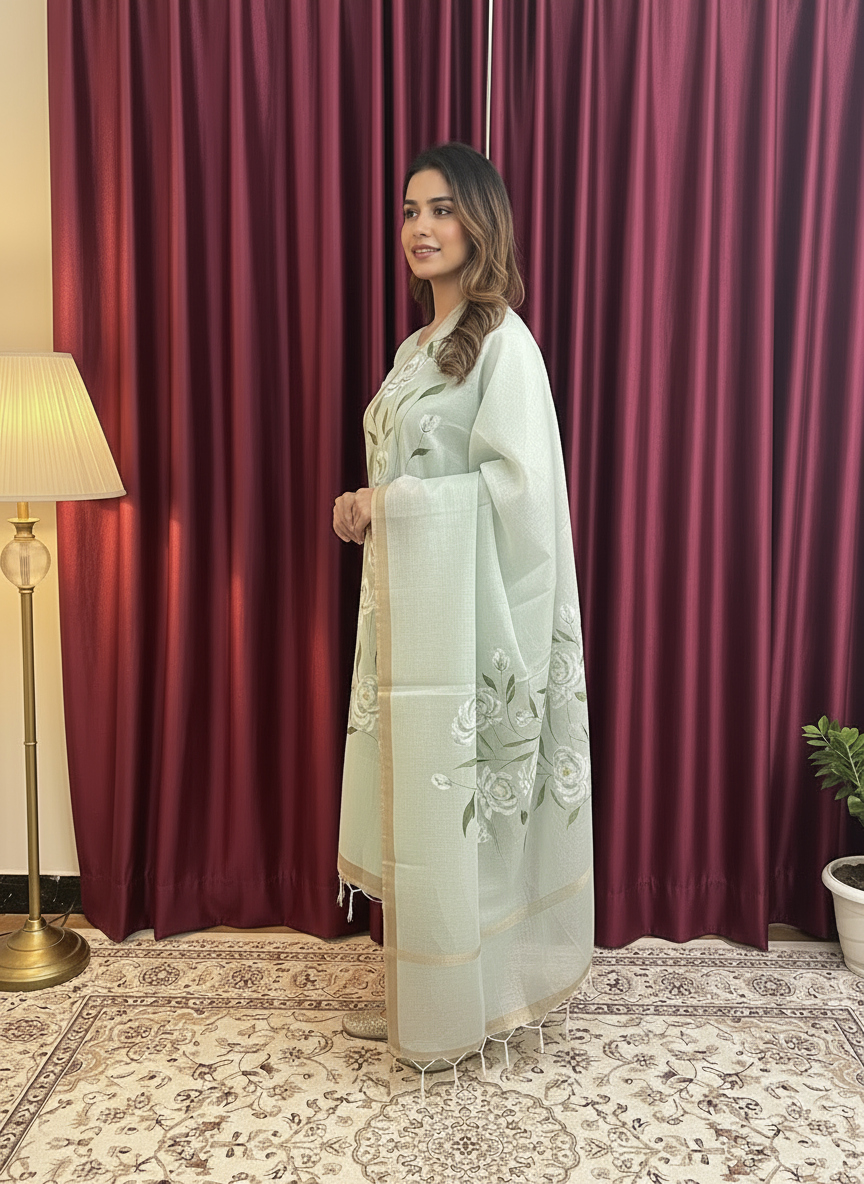 Pista color Flora hand print dupatta