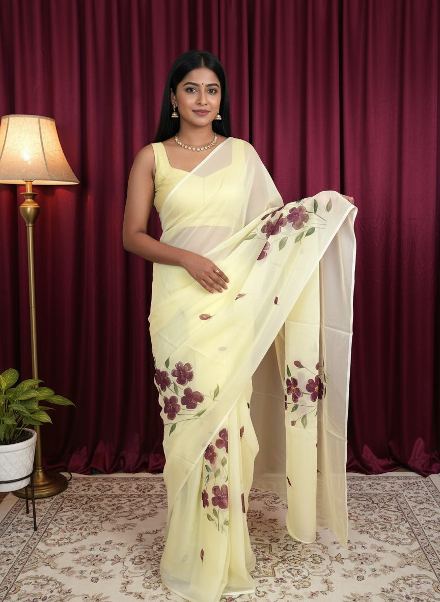 Lemon Georgette Saree with Floral Hand-Paint Design