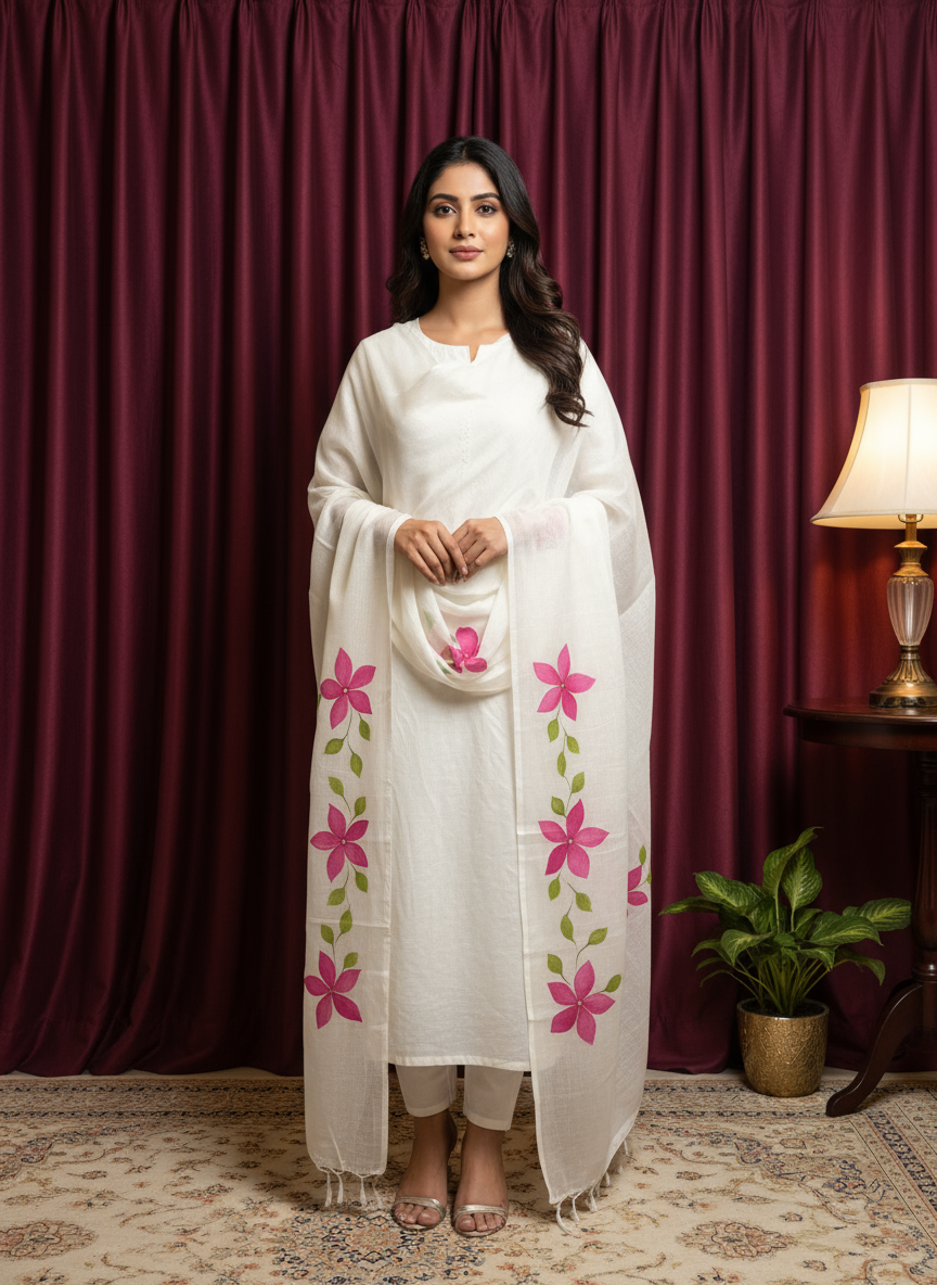 White Cotton Dupatta with Pink Floral Hand-Paint Design