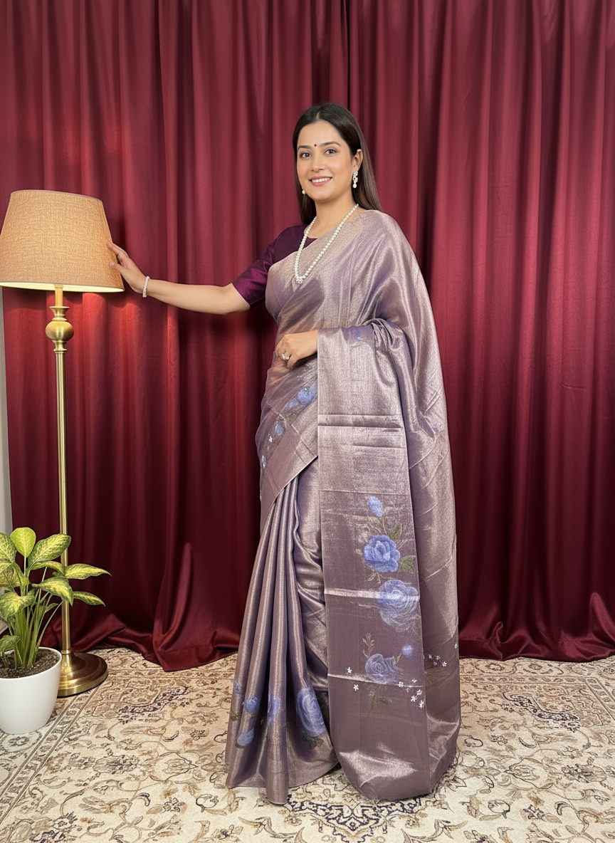 Lavender Rich Look Floral  Hand-Printed Saree