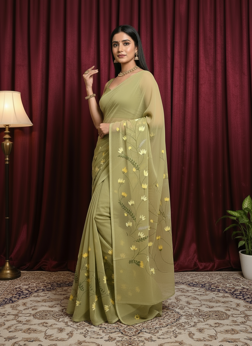 Green Chiffon Floral Hand-Painted Saree