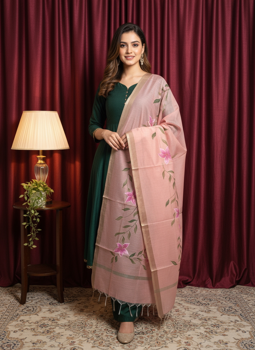 Rose Pink Floral Hand Print Dupatta