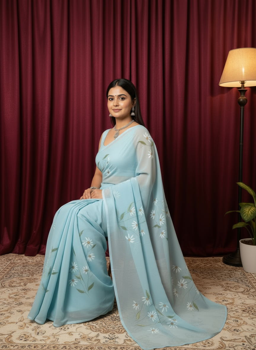 Sky Blue Chiffon Texture Look Floral Hand-Printed Saree
