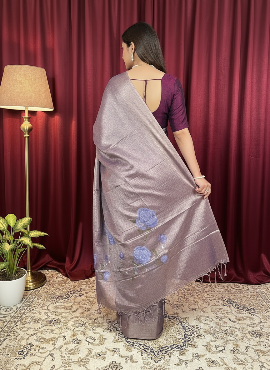 Lavender Rich Look Floral  Hand-Printed Saree