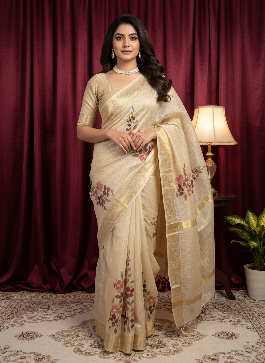 Cream Pure Silk Hand Print Floral Saree