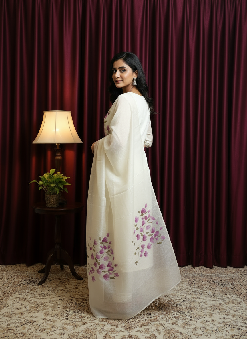 White Tissue Dupatta with Pink Floral Hand-Paint Design