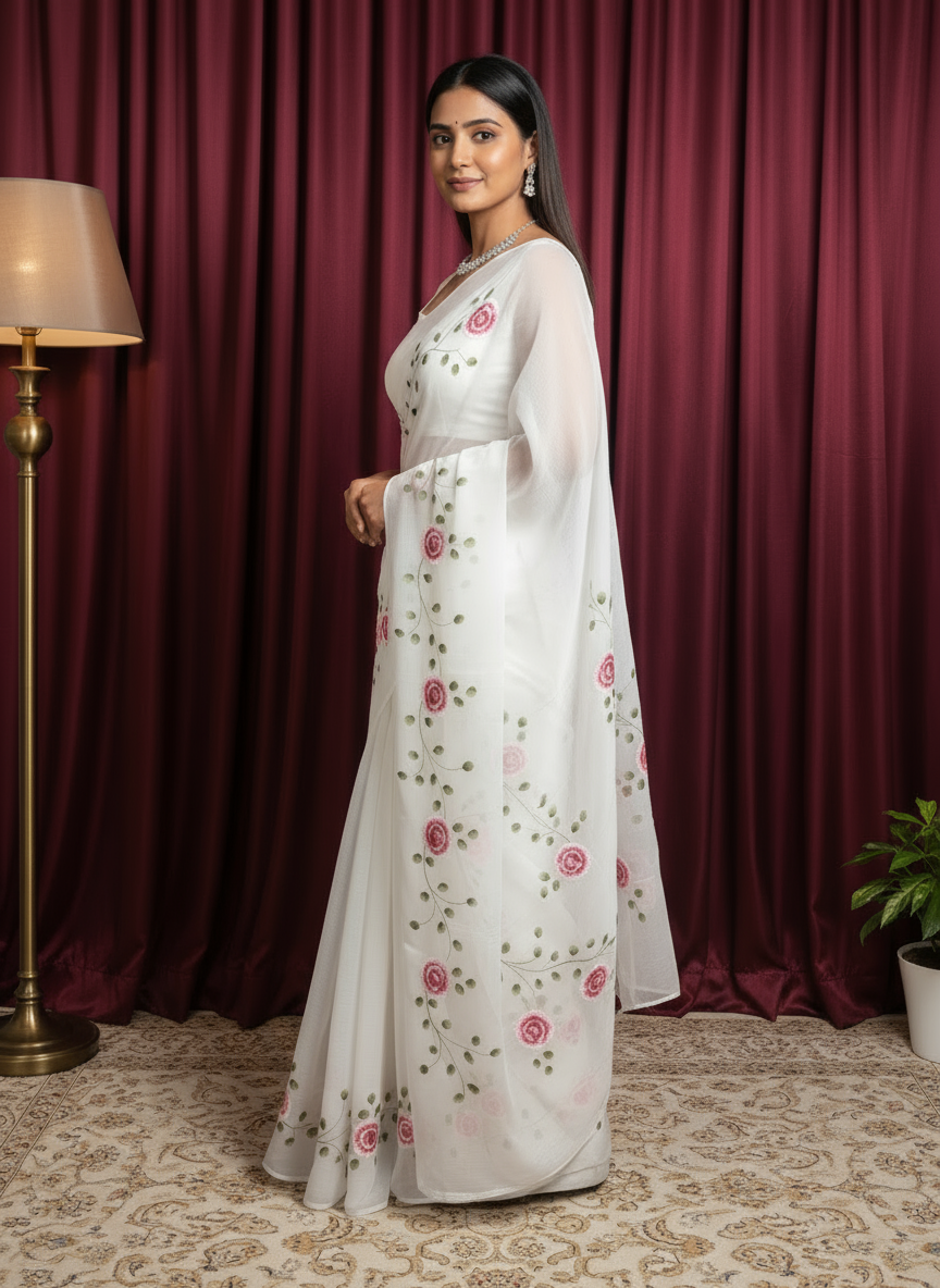 Snow White Chiffon Floral Hand-Printed Saree