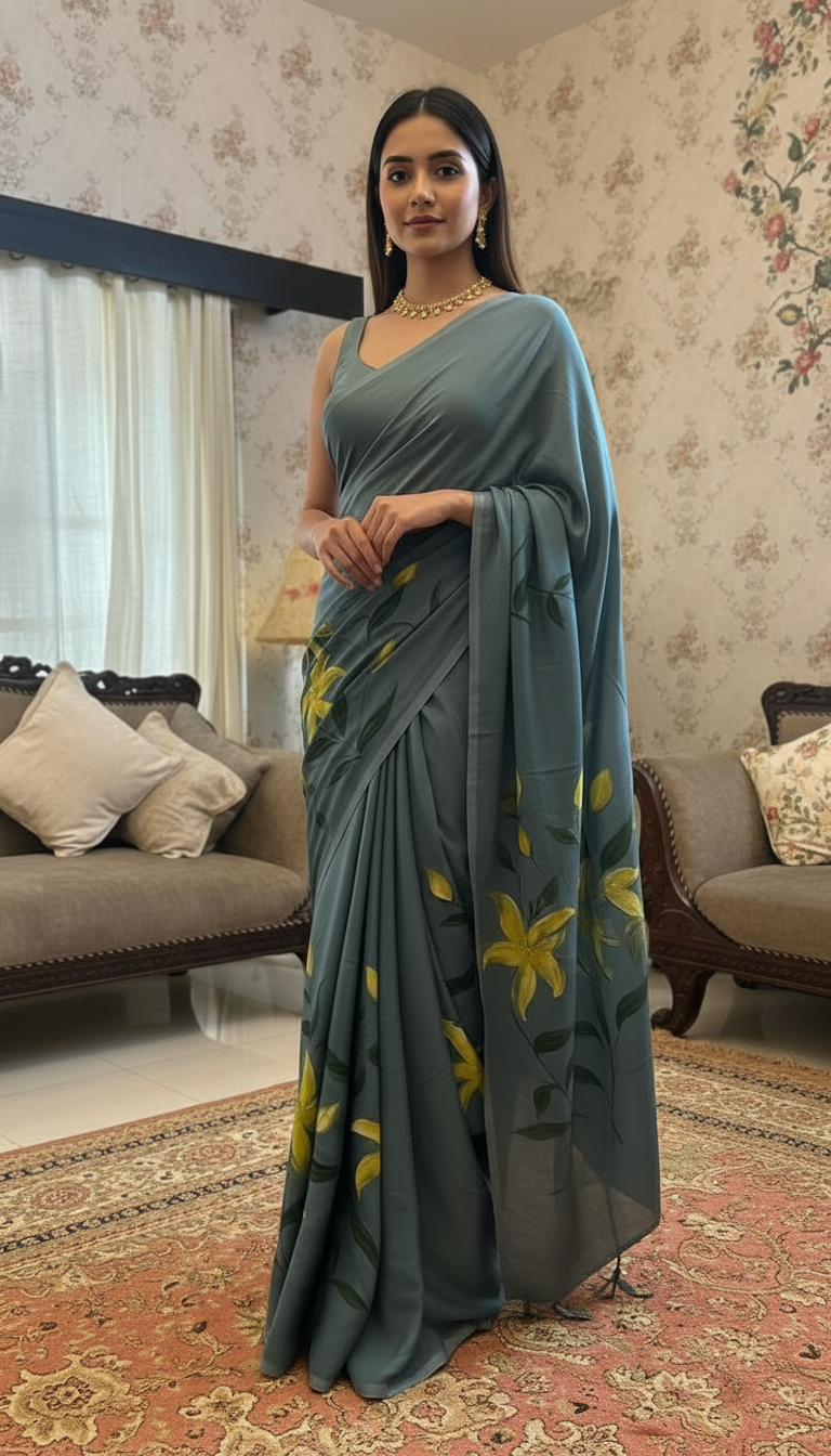 Gray Cotton Hand Print Floral Saree