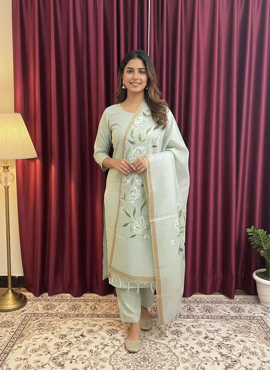Pista color Flora hand print dupatta