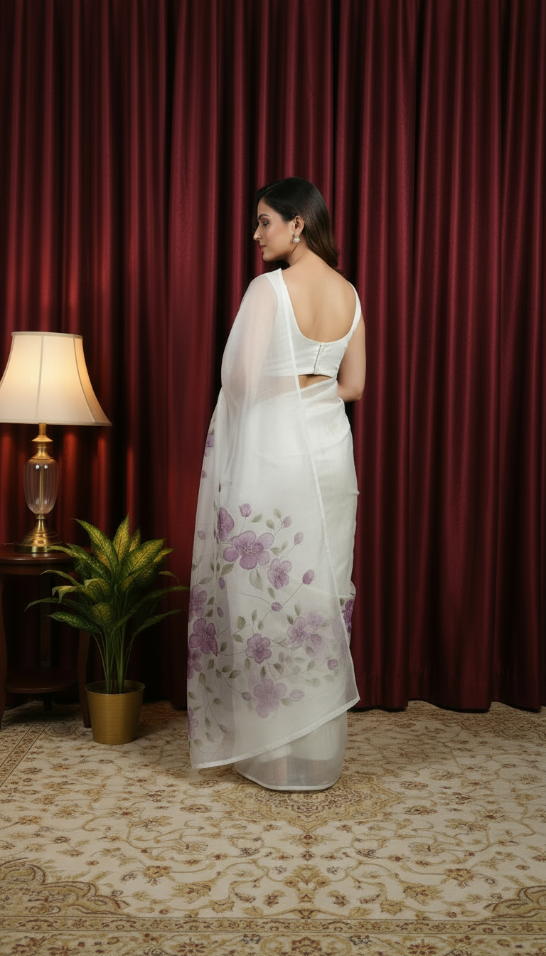 Pure Tissue White Saree Hand painted