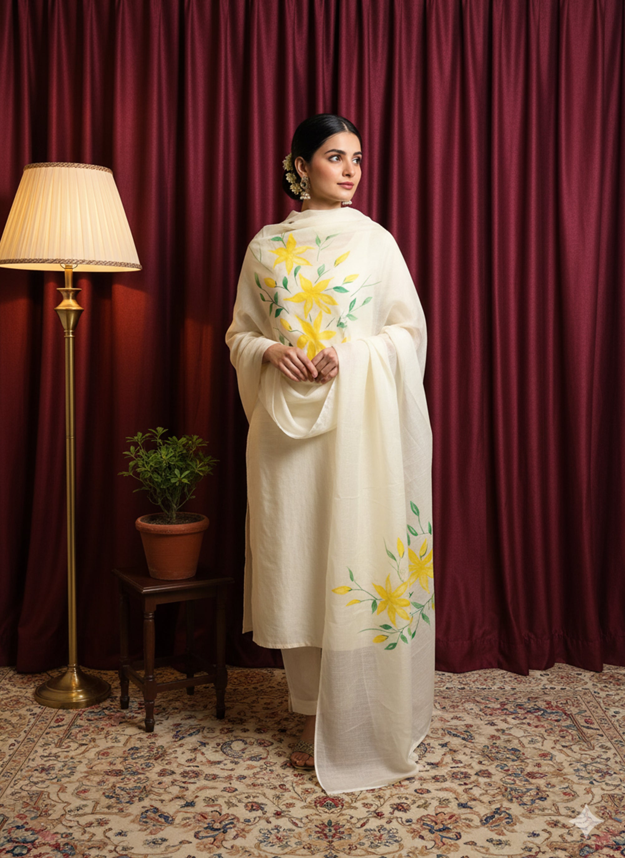 White Cotton Tissue Dupatta with Yellow Floral Hand-Paint Design