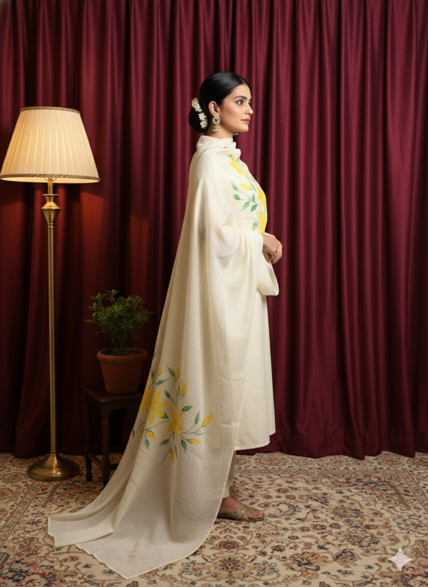 White Cotton Tissue Dupatta with Yellow Floral Hand-Paint Design
