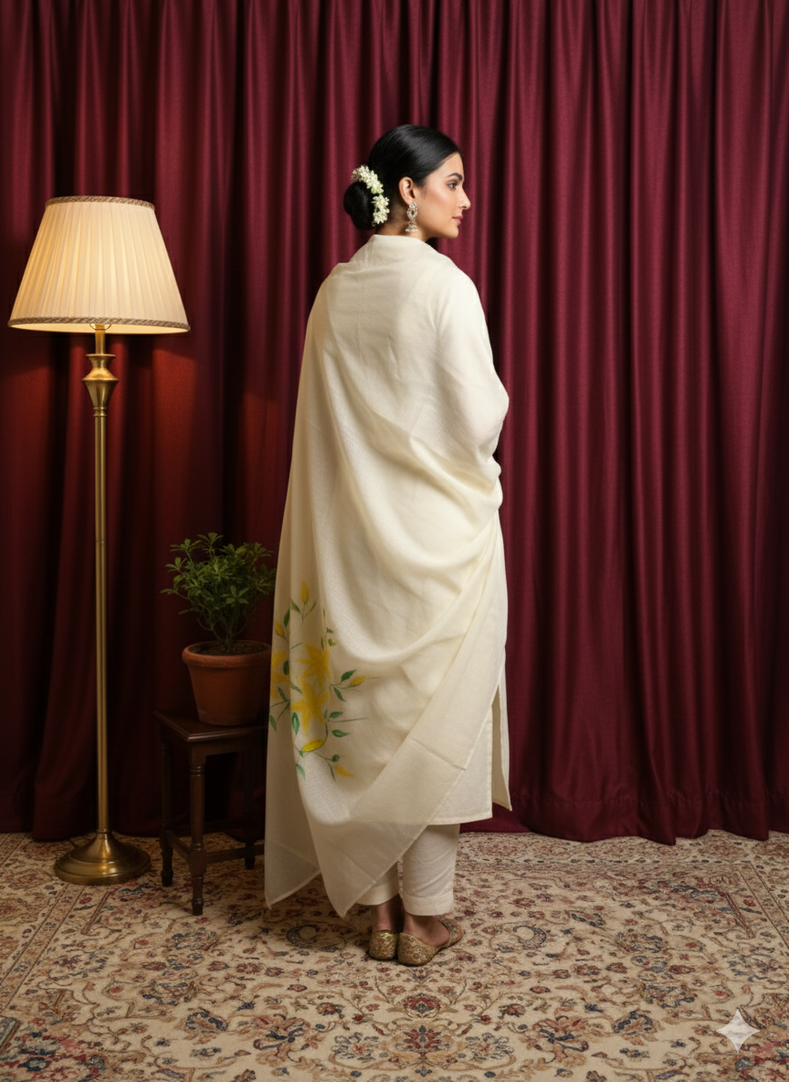 White Cotton Tissue Dupatta with Yellow Floral Hand-Paint Design