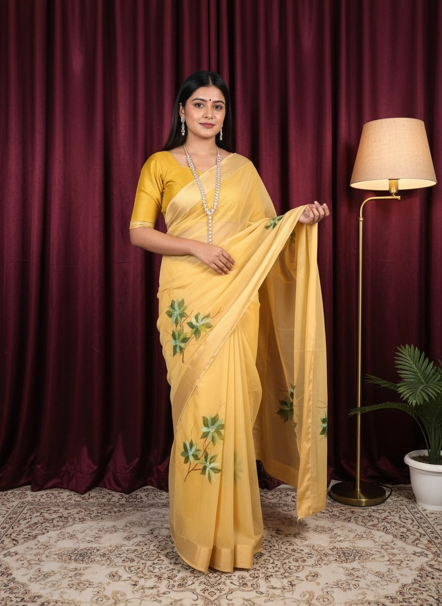 Yellow Georget with Satin Patta Floral  saree
