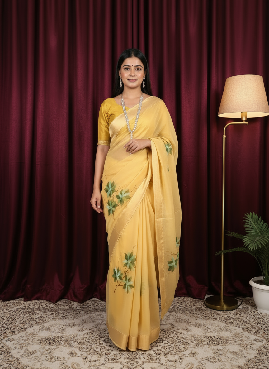 Yellow Georget with Satin Patta Floral  saree