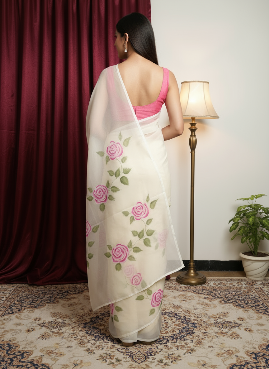 white and pink floral hand print saree