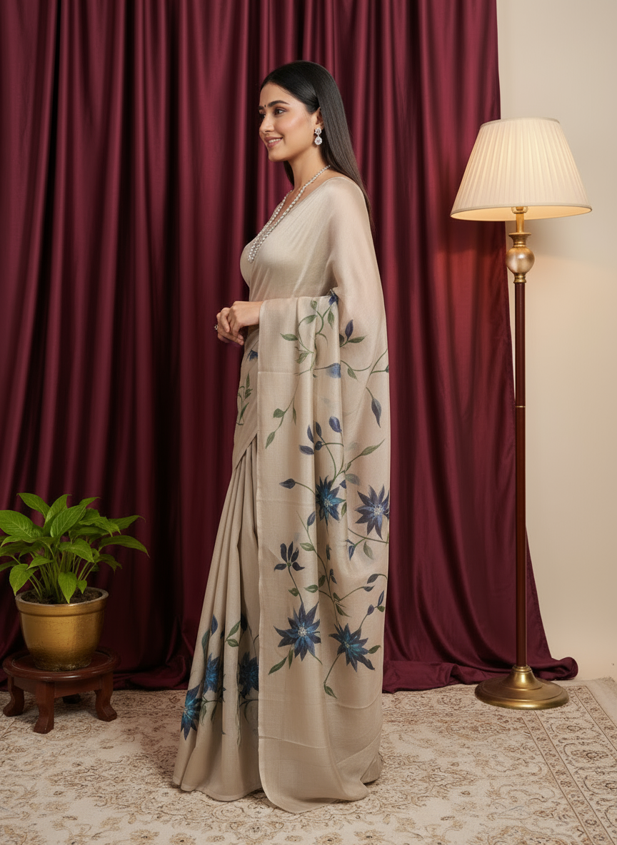 Shimmer Georgette Saree with Floral Hand-Paint Design