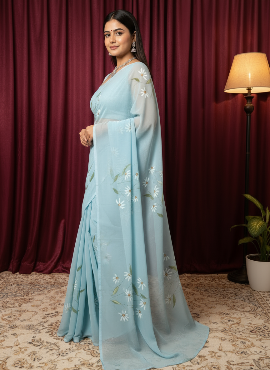 Sky Blue Chiffon Texture Look Floral Hand-Printed Saree