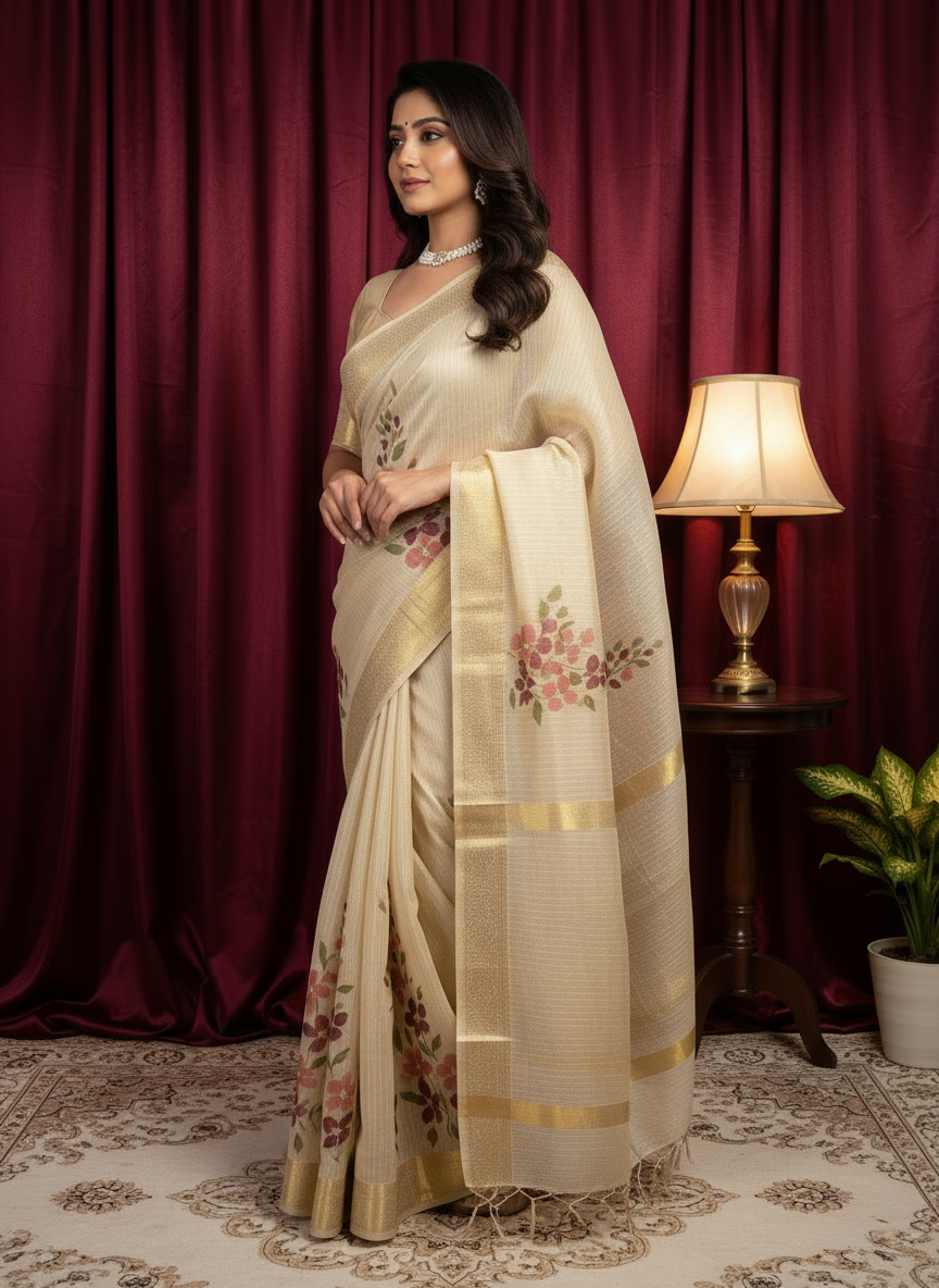 Cream Pure Silk Hand Print Floral Saree