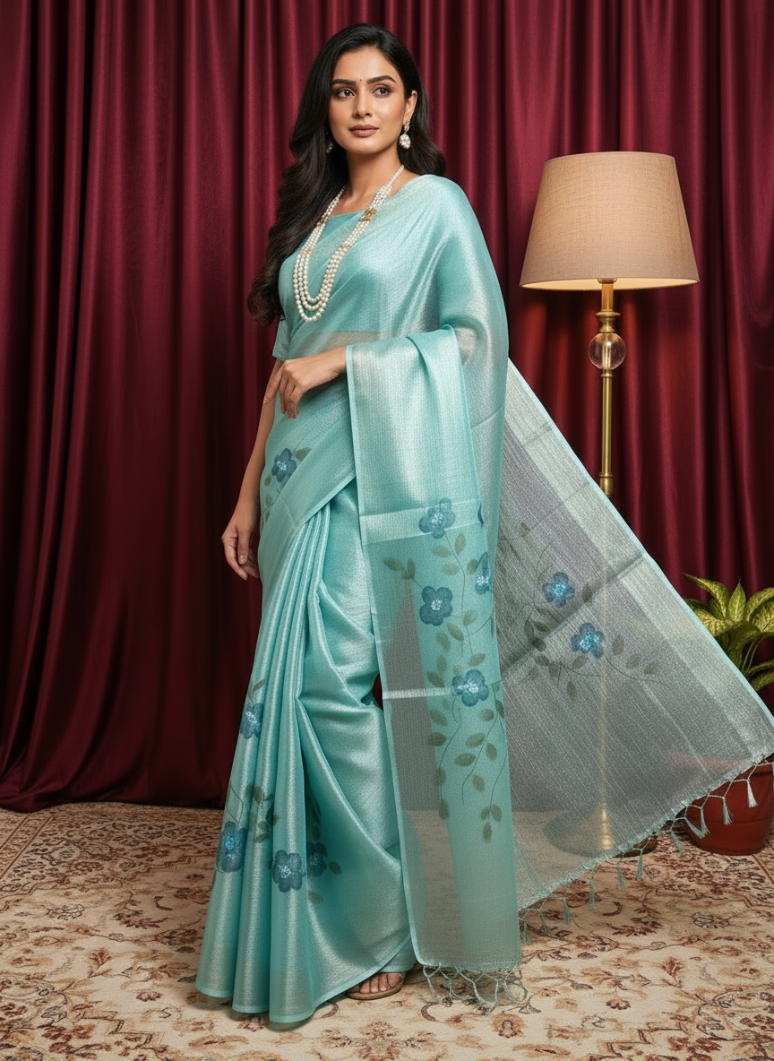 Ocean Blue Floral Hand-Printed Saree