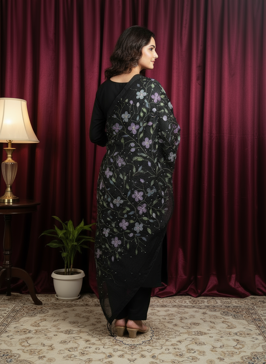Black Floral Hand PRint Dupatta